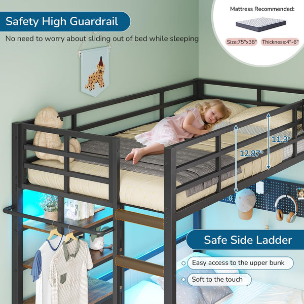 Twin Over Full Metal Bunk Bed with Storage Drawers, Bookshelf & LED Lights