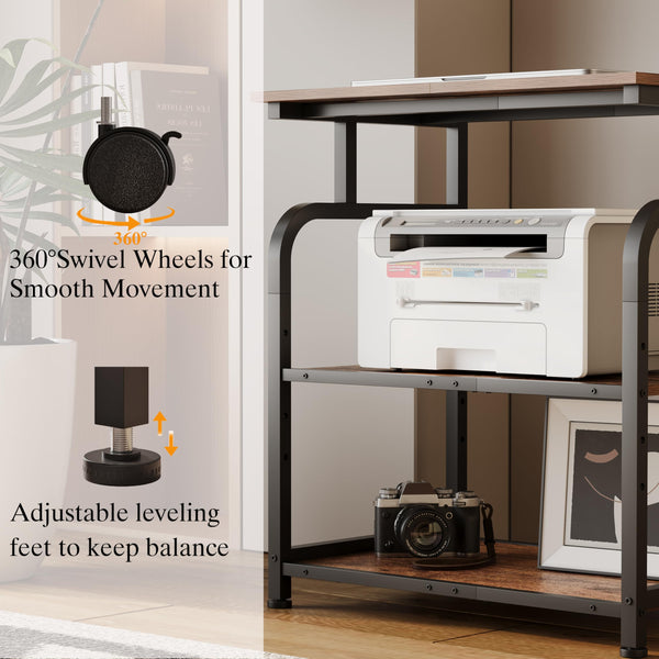 3-Tier Rolling Printer Stand with Adjustable Shelf