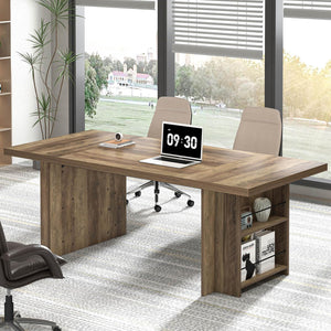 70" Large Executive Desk with Storage Shelves, Industrial Wood
