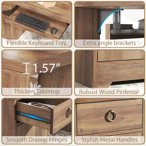 55 Inch Farmhouse Executive Desk with Drawers, Keyboard Tray & Storage Shelves