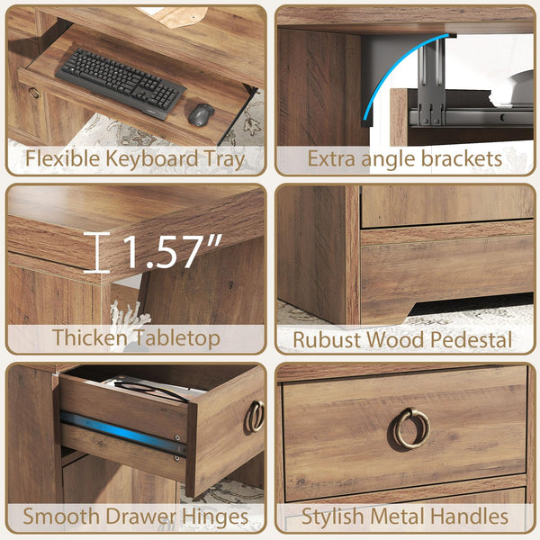 55 Inch Farmhouse Executive Desk with Drawers, Keyboard Tray & Storage Shelves
