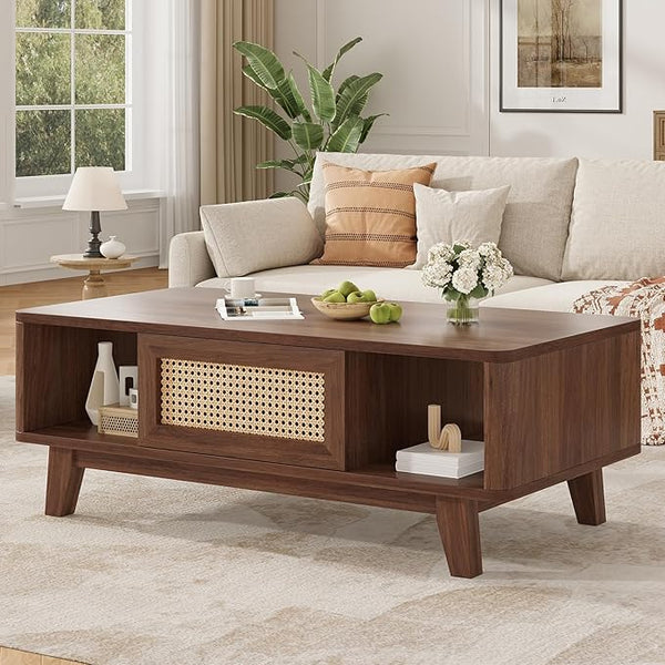Mid-Century Coffee Table with Rattan Drawer