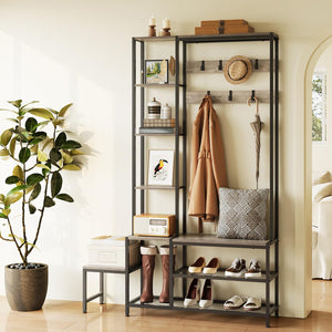 5-in-1 Hall Tree with Shoe Bench, Coat Rack & 4-Tier Shelves, Industrial