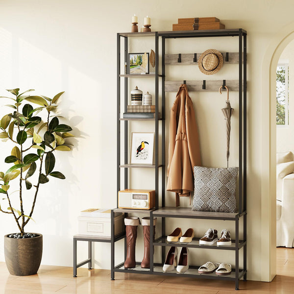 5-in-1 Hall Tree with Shoe Bench, Coat Rack & 4-Tier Shelves, Industrial