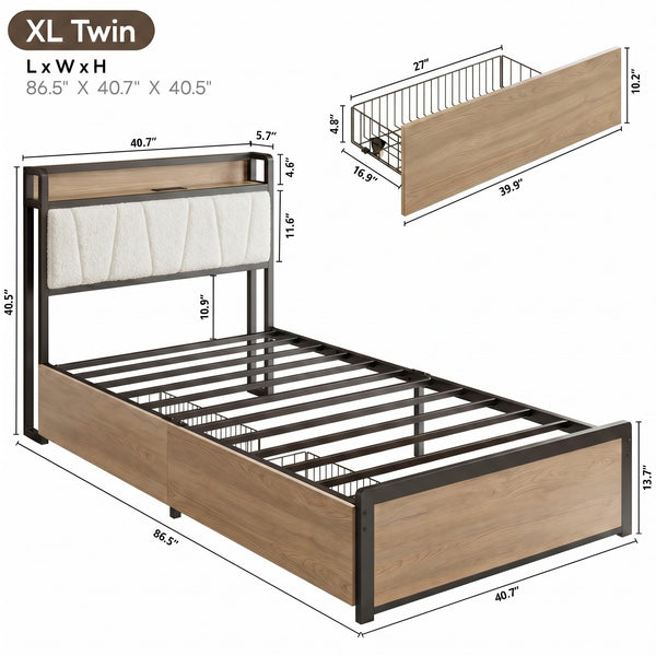 Twin XL Bed Frame with Storage Drawers, Charging Station & LED Lights