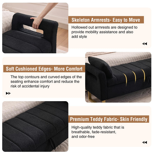 King Size Storage Bench with Arms, Boucle Fabric, Gold Legs, 2 Pillows