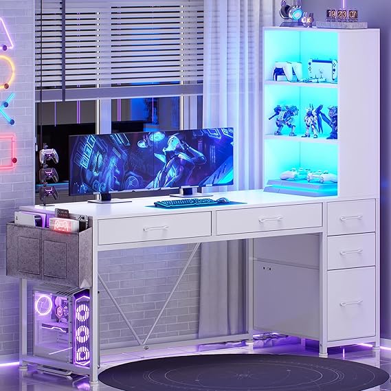 Computer Desk with Drawers, Bookshelf & LED Lights