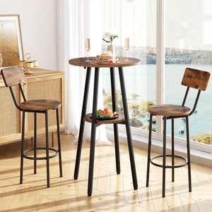 3-Piece Industrial Bar Table & Stools Set — Round Pub Table with 2 Bar Chairs