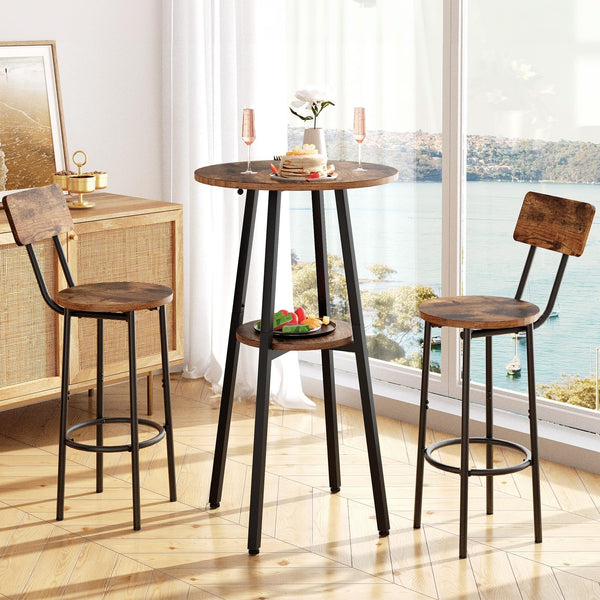 3-Piece Industrial Bar Table & Stools Set — Round Pub Table with 2 Bar Chairs