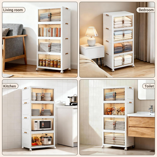 4-Tier Stackable Storage Cabinet with Magnetic Doors & Wheels