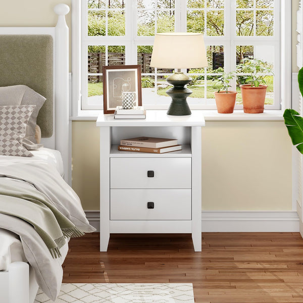 Farmhouse Nightstand Set of 2 with 2 Drawers and Open Shelf