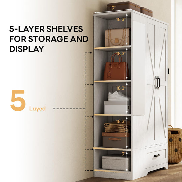 70" Wardrobe with Mirror, 2 Doors, Drawer & Side Shelves