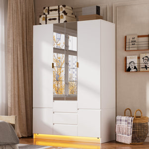 4-Door Armoire Wardrobe with LED Light & Mirror