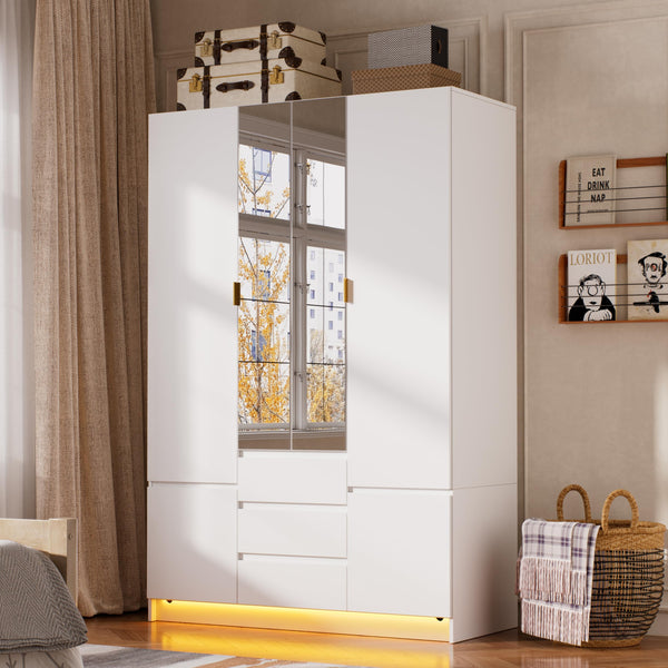 4-Door Armoire Wardrobe with LED Light & Mirror