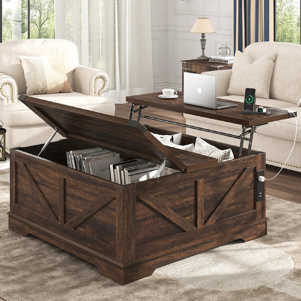40" Square Farmhouse Lift Top Coffee Table with Power Outlets & Hidden Storage