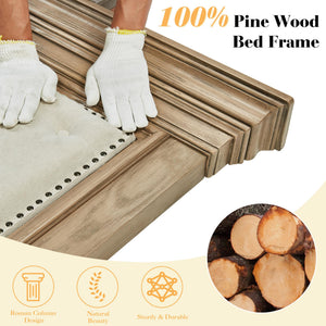 King Bed Frame with Tall Upholstered Headboard – Solid Pine Wood Platform Bed