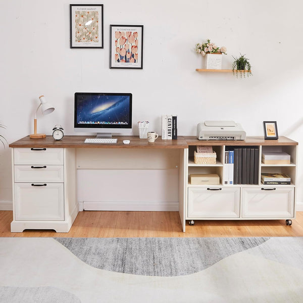 L-Shaped Executive Desk with File Cabinet and Charging Station