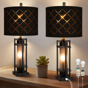 Modern Table Lamp Set of 2 with USB Charging & Black Grid Shade