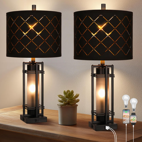 Modern Table Lamp Set of 2 with USB Charging & Black Grid Shade
