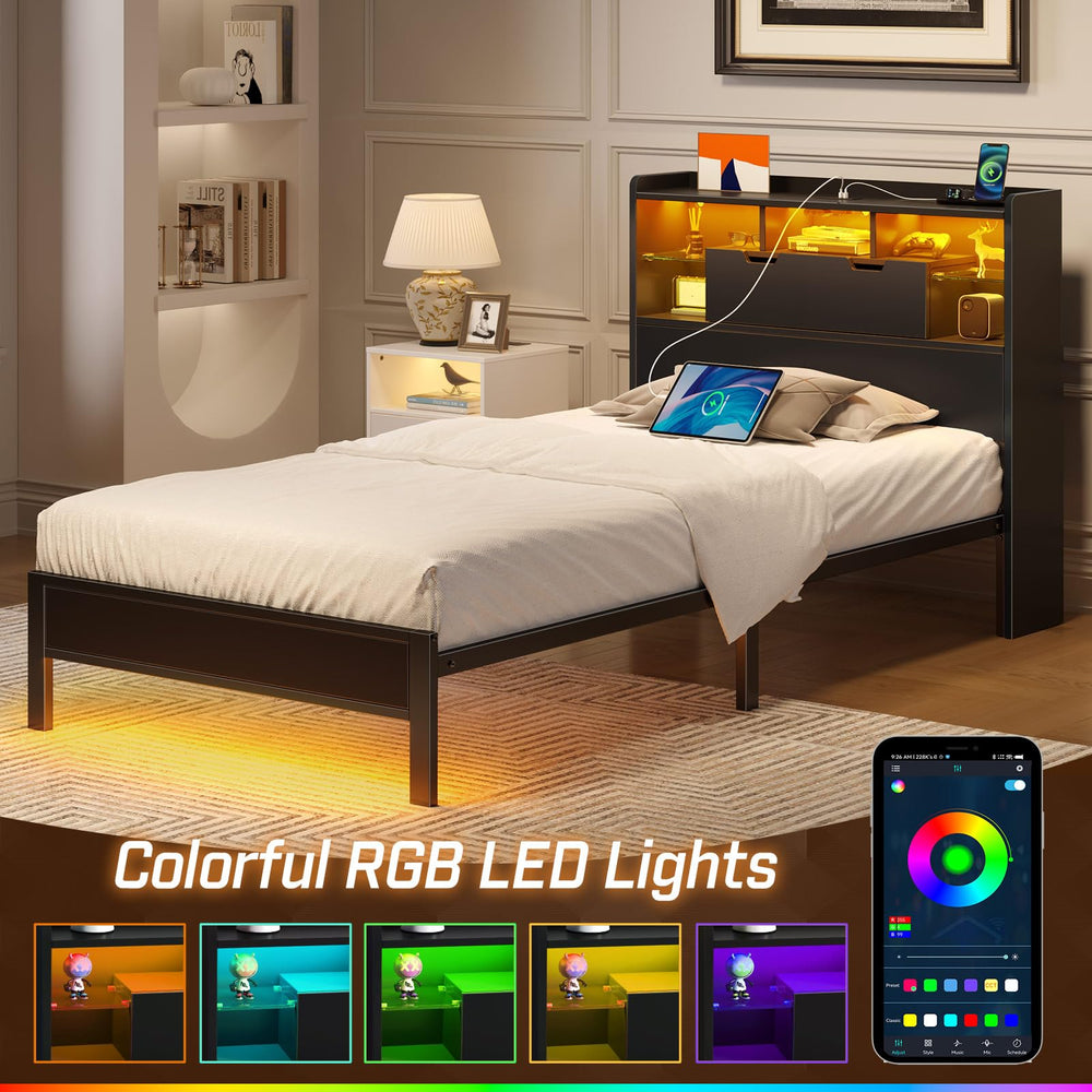 Platform Bed Frame with Storage Headboard, LED Lights & Charging Station