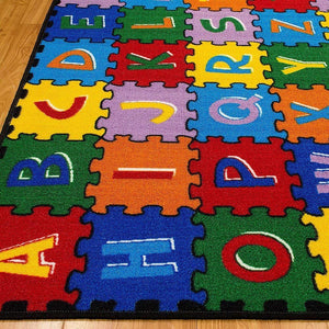 Kids Alphabet Puzzle Area Rug 8x10 – Non-Slip Gel Backing