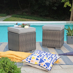 Square Wicker Ottoman Set of 2 with Cushions – Outdoor & Indoor