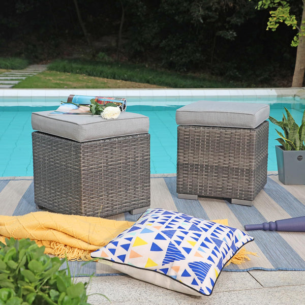 Square Wicker Ottoman Set of 2 with Cushions – Outdoor & Indoor