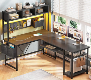 L-Shaped Gaming Desk with Hutch & LED Lights