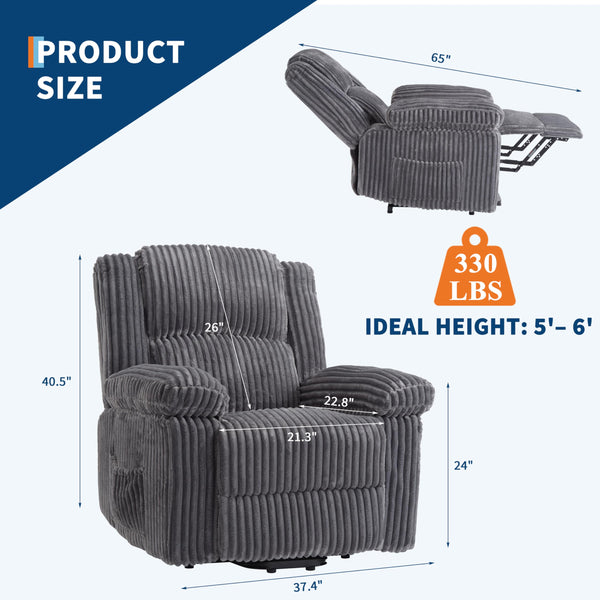 Corduroy Manual Recliner Chair with Side Pocket – Dark Gray