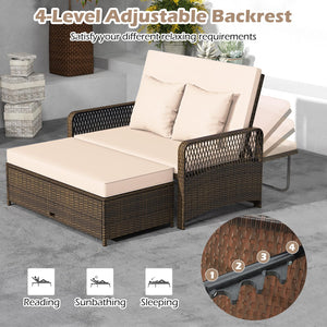 Patio Rattan Daybed Loveseat Set with Storage Ottoman & Cushions
