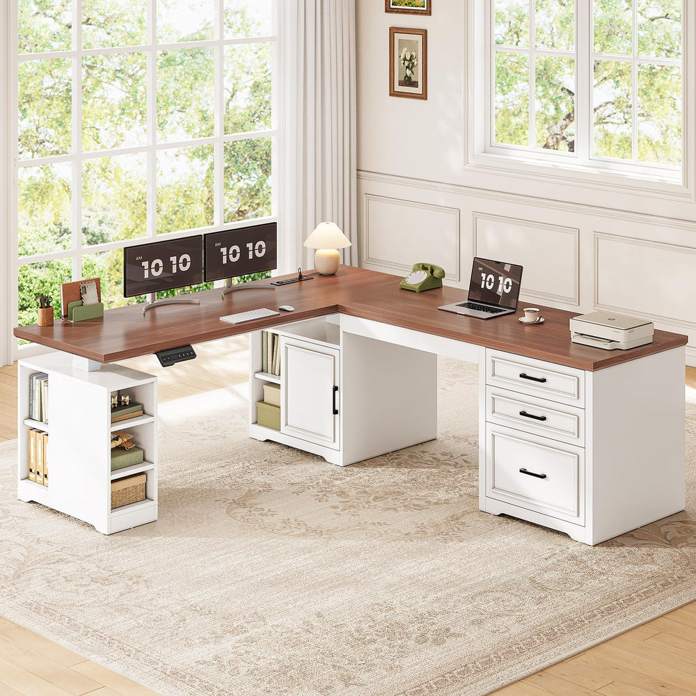 L-Shaped Electric Standing Desk with Drawers, Shelves and Power Outlet