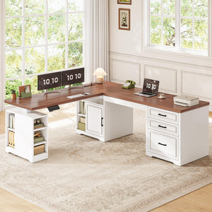 L-Shaped Electric Standing Desk with Drawers, Shelves and Power Outlet