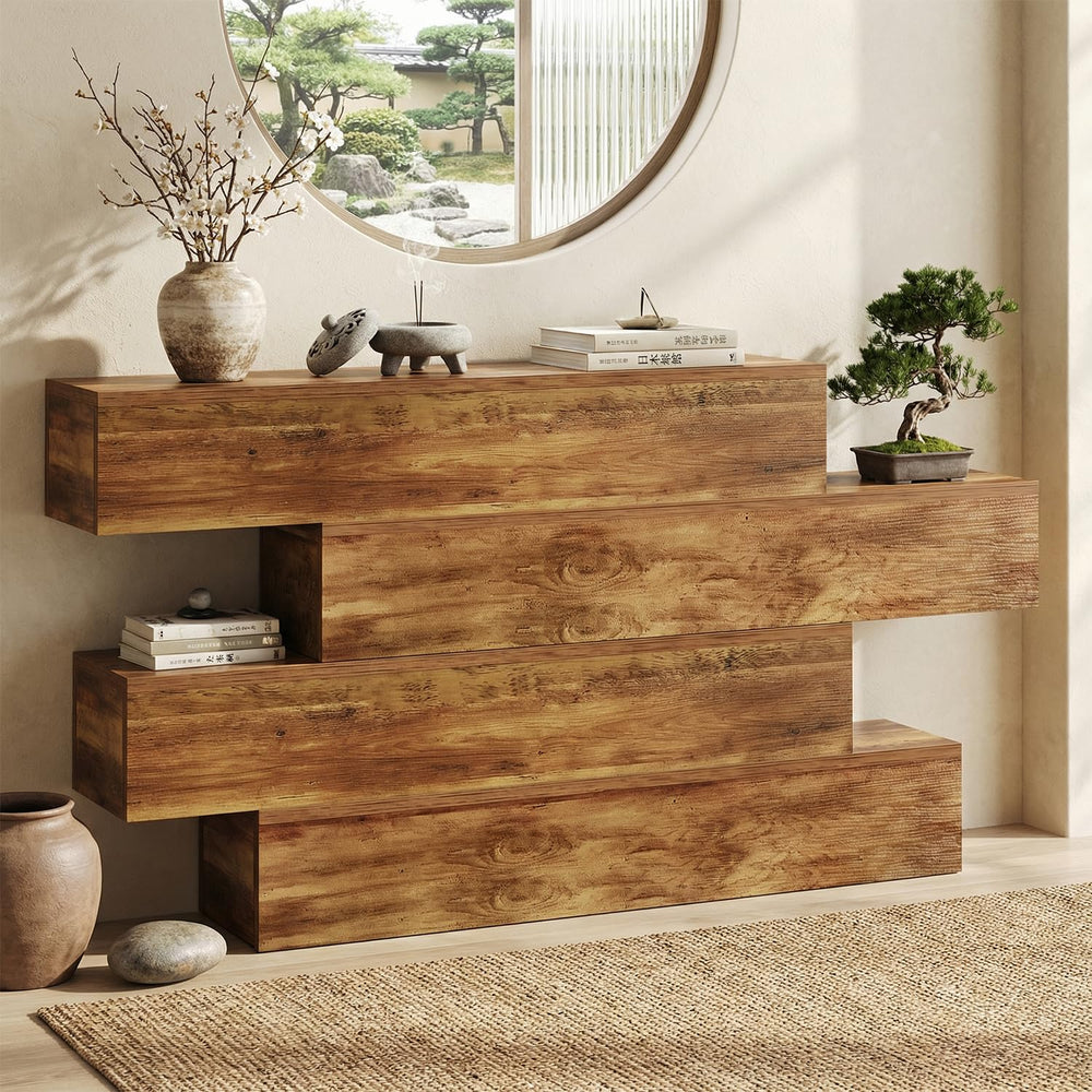 63-Inch 4-Tier Staggered Console Table – Walnut