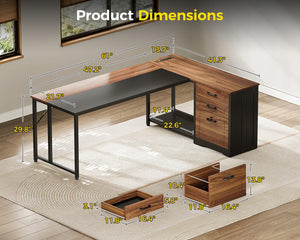 61" L-Shaped Office Desk with Drawers, File Cabinet & Power Outlets