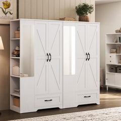 70" Wardrobe Closet with Mirror, Drawer & Side Shelves