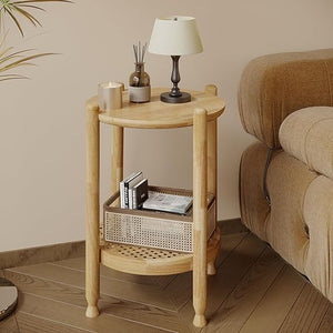 2-Tier Round End Table with Rattan Storage Shelf