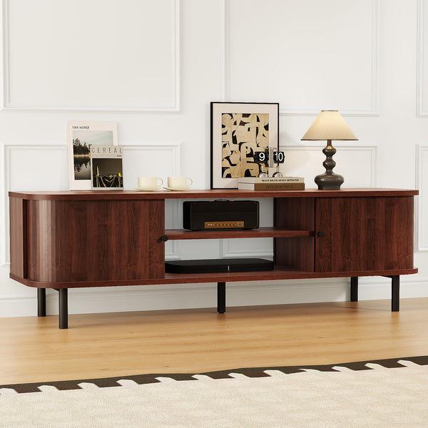 Mid-Century TV Stand with Sliding Doors & Hidden Storage