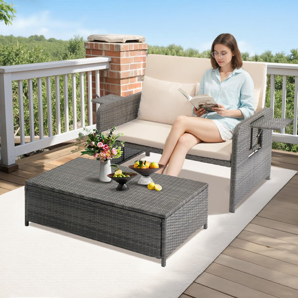 Patio Daybed with Storage Ottoman & Adjustable Backrest