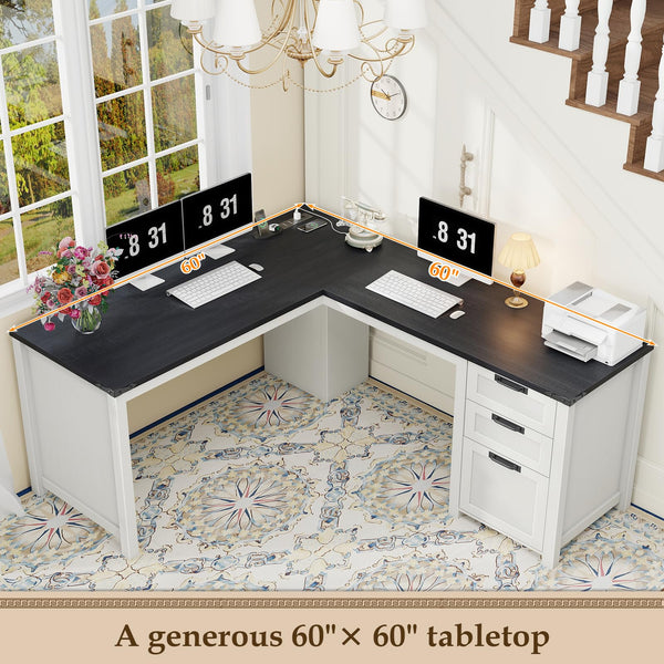 L-Shaped Executive Desk with Drawers, Power Outlets & Storage Shelf