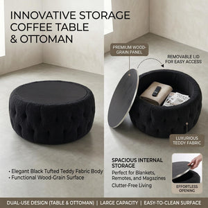 Round Storage Ottoman with Wooden Tabletop – Tufted Teddy Fleece, 30.5"