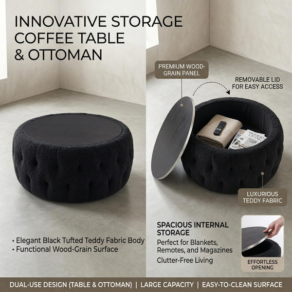 Round Storage Ottoman with Wooden Tabletop – Tufted Teddy Fleece, 30.5"