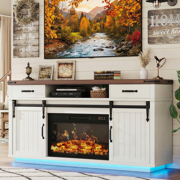 Farmhouse Electric Fireplace TV Stand with LED Light & Sliding Barn Door
