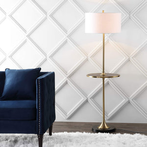59" Floor Lamp with Integrated Wood Side Table – Black & Brass Gold