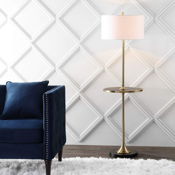 59" Floor Lamp with Integrated Wood Side Table – Black & Brass Gold