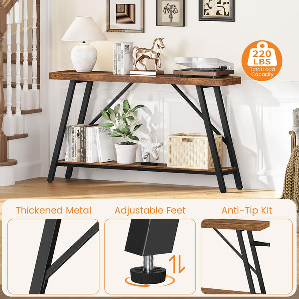 47-Inch 2-Tier Console Table with Storage Shelf – Rustic Brown