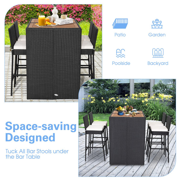 5-Piece Outdoor Wicker Bar Set with Acacia Wood Table & 4 Bar Stools