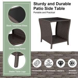 Outdoor Wicker Side Table Set of 2 with Tempered Glass Top & Storage Shelf