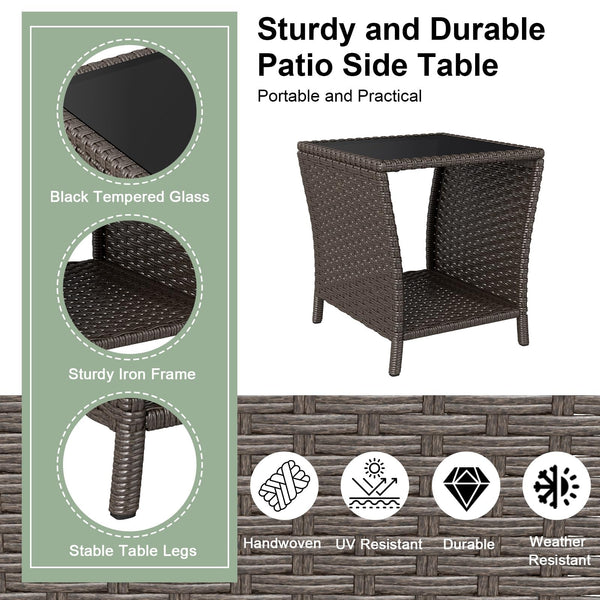 Outdoor Wicker Side Table Set of 2 with Tempered Glass Top & Storage Shelf