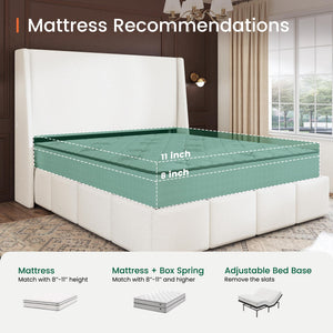 Queen Wingback Upholstered Platform Bed Frame
