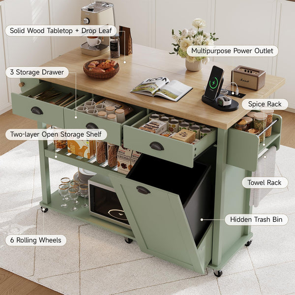 Kitchen Island with Drop Leaf & Trash Cabinet